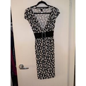 Wrapper Dress Womens Size XL Black White Sleeveless Faux Wrap Tie Belt Flowy Abs